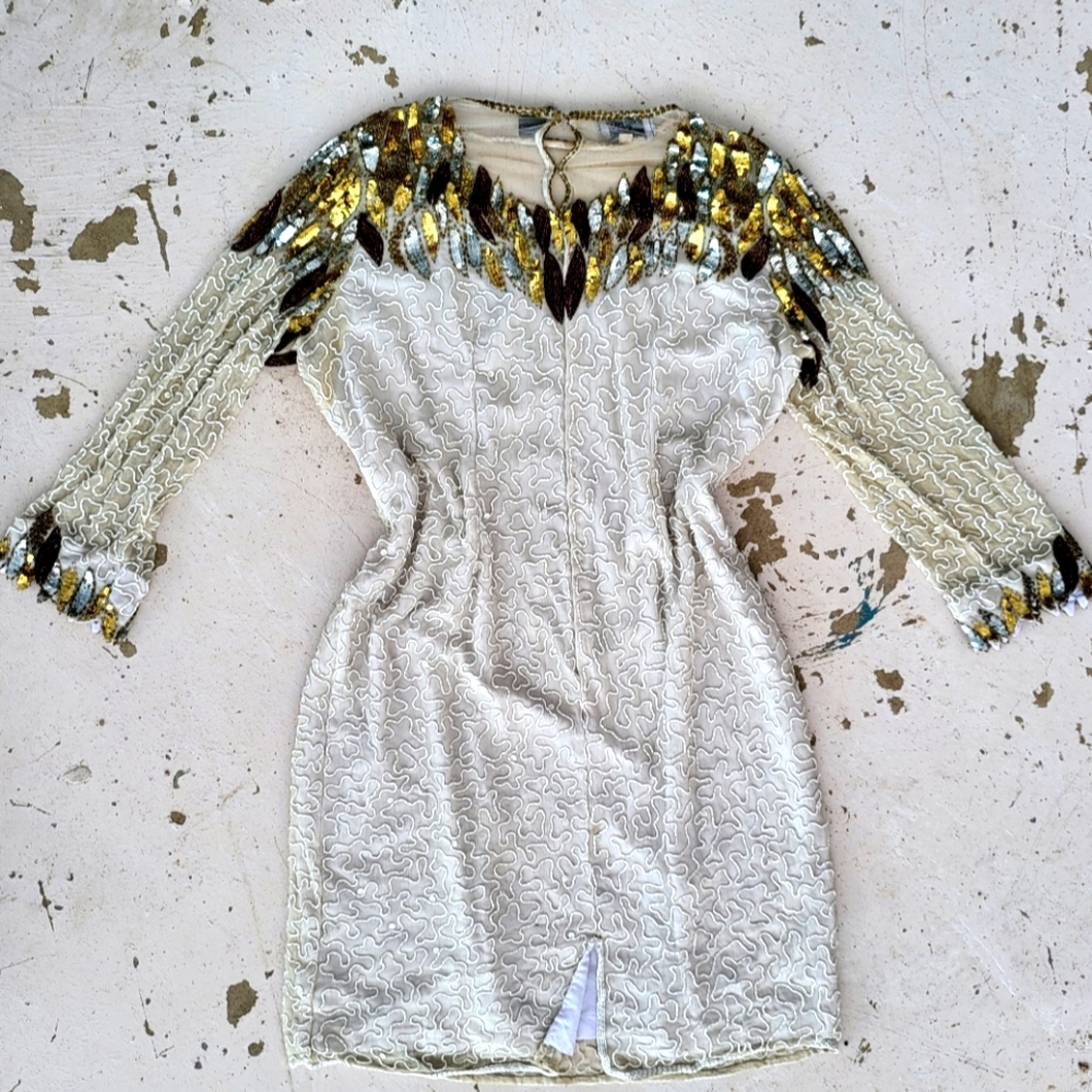 Sequin Embellished Dress with Gold and Black Accents 70s beaded silk